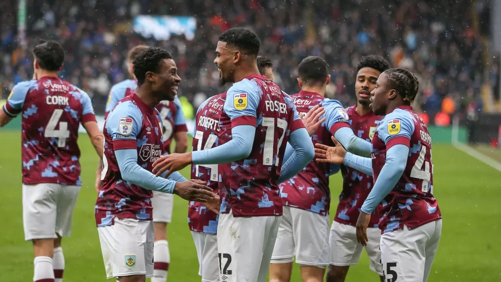 Lyle Foster, along with teammates, celebrating his first goal for Burnley 