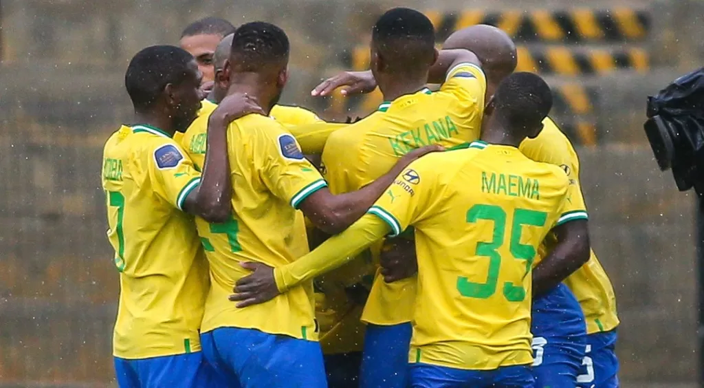 Mamelodi Sundowns players celebrating a goal against Stellenbosch FC