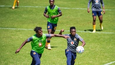 Mduduzi Shabalala of Kaizer Chiefs with his teammates