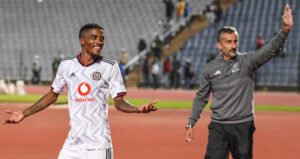 Orlando Pirates head coach Jose Riveiro celebrates with Monnapule Saleng