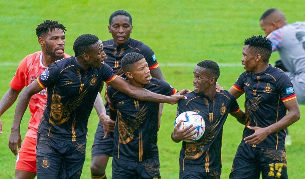 Kabelo Mahlasela and his Royal AM teammates celebrating during DStv Premiership clash against SuperSport United.