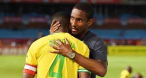 Rulani Mokwena congratulates Teboho Mokoena after a DStv Premiership match