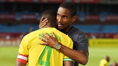 Rulani Mokwena congratulates Teboho Mokoena after a DStv Premiership match