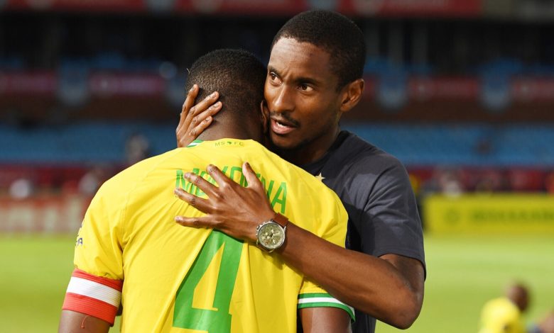 Rulani Mokwena congratulates Teboho Mokoena after a DStv Premiership match