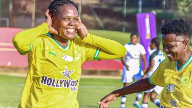 Mamelodi Sundowns Ladies' attacking midfielder, Boitumelo Rabale alongside her teammate,Lebo Ramalepe