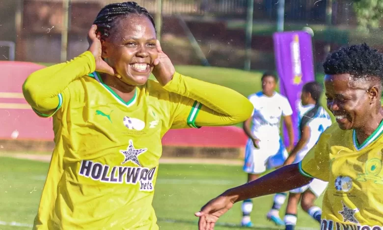 Mamelodi Sundowns Ladies' attacking midfielder, Boitumelo Rabale alongside her teammate,Lebo Ramalepe