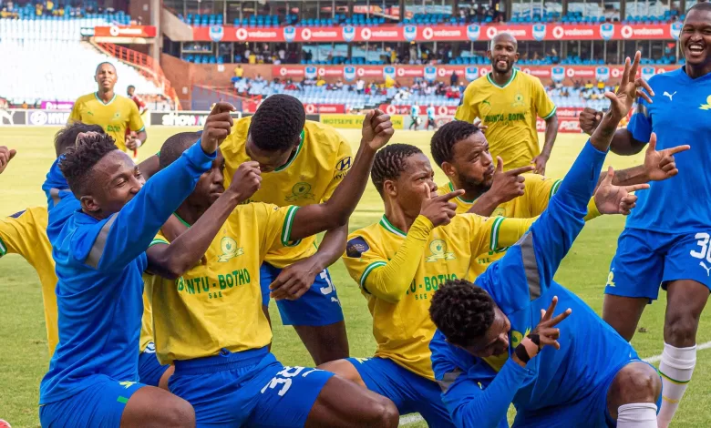 Mamelodi Sundowns players celebrate a goal in the DStv Premiership