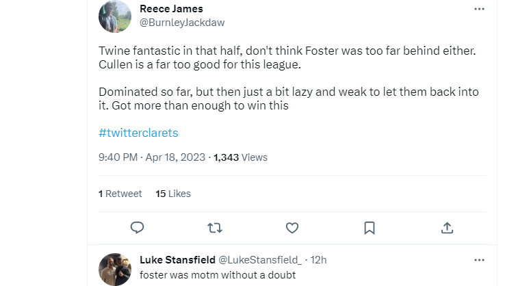 A twitter screenshot of Burnley fans reacting to Lyle Foster's performance 
