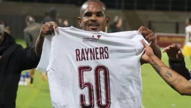 Iqraam Rayners celebrates after scoring his 50th goal for Stellenbosch