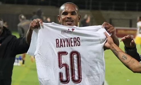 Iqraam Rayners celebrates after scoring his 50th goal for Stellenbosch