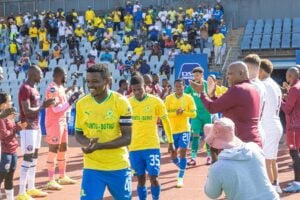 Mamelodi Sundowns players walking out to take on Swallows