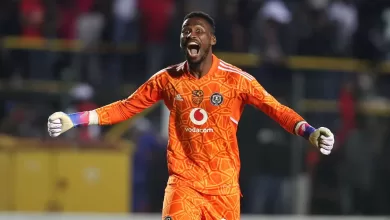 Orlando Pirates goalkeeper Sipho Chaine celebrates during a Nedbank Cup match