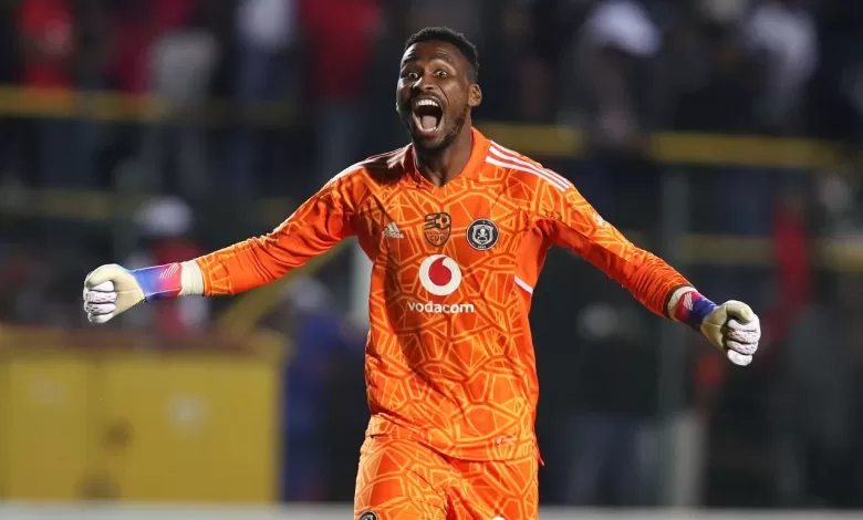 Orlando Pirates goalkeeper Sipho Chaine celebrates during a Nedbank Cup match