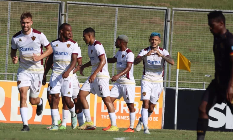 Stellenbosch players celebrating a goal against Royal AM