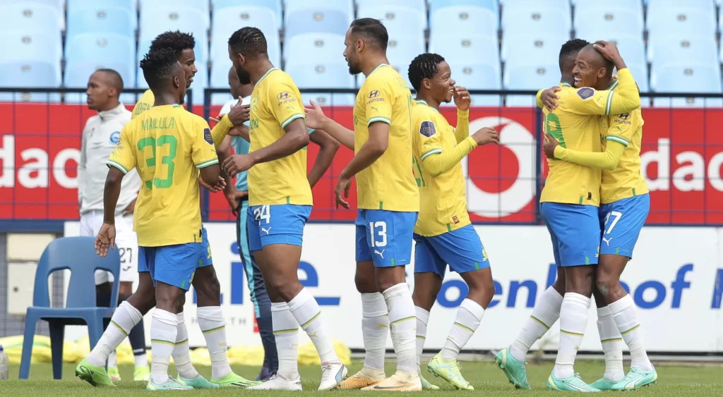 Mamelodi Sundowns players celebrate a goal in the DStv Premiership