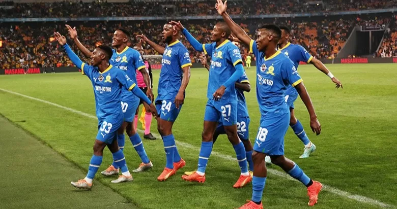 Mamelodi Sundowns players celebrate a goal in the Carling Black Label Cup