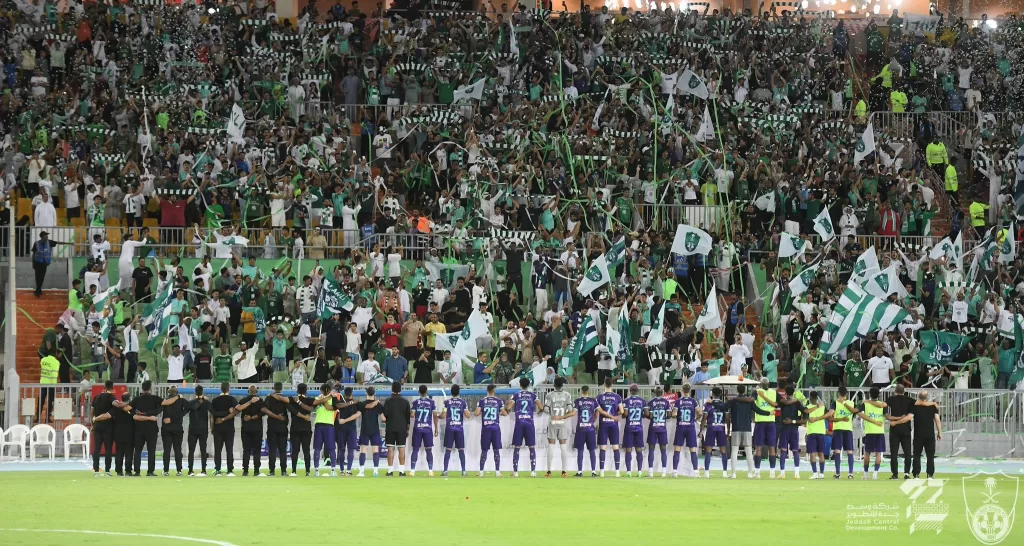 Pitso Mosimane's Al-Ahli Saudi Club with their opponents prior to a game