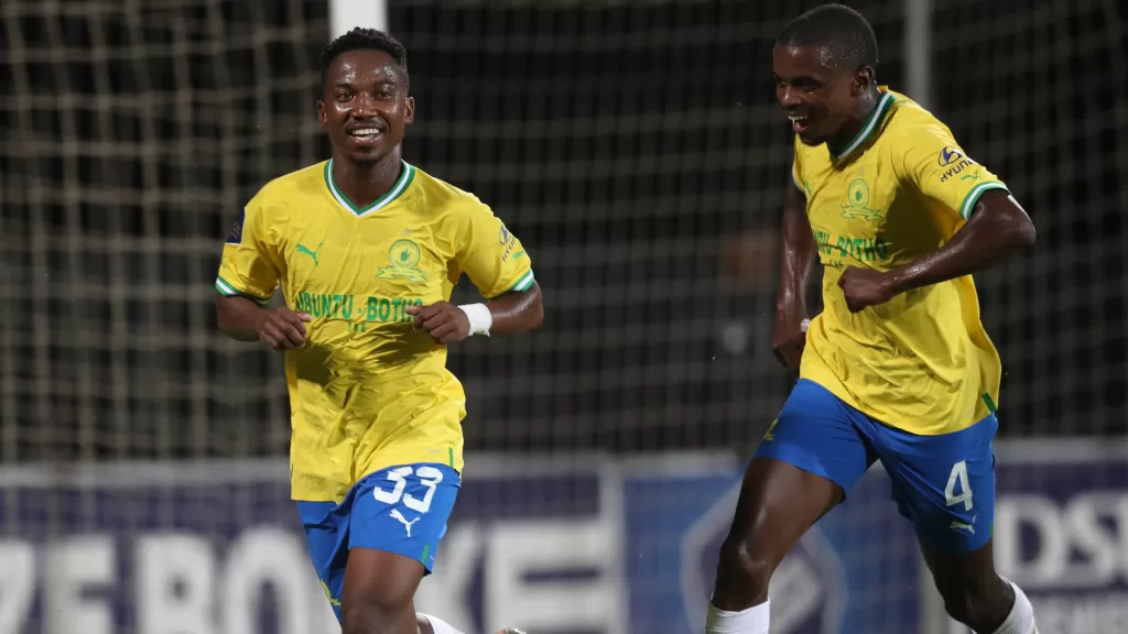 Cassius Mailula and Teboho Mokoena in celebratory mood. 