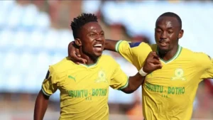 Cassius Mailula celebrates a goal with Peter Shalulile