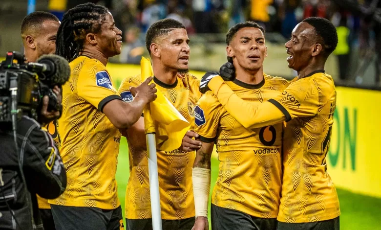 Dillan Solomons celebrating a goal with his Kaizer Chiefs teammates.