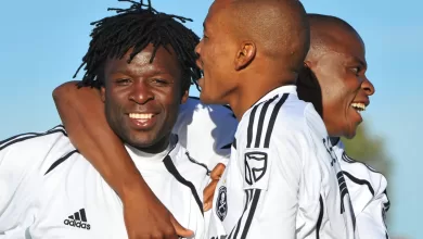 Former Orlando Pirates players celebrating a goal with Gilbert Mushangazhike among them.