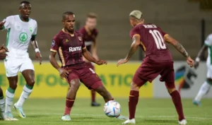 Iqraam Rayners and Junior Mendieta in action for Stellenbosch FC