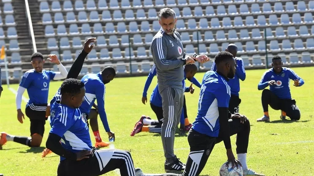 Orlando Pirates coach Jose Riveiro working hard at training with his players