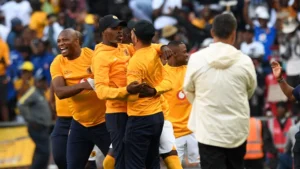 Kaizer Chiefs coach Arthur Zwane celebrating a win with his team