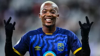 Khanyisa Mayo celebrating a goal for Cape Town City FC