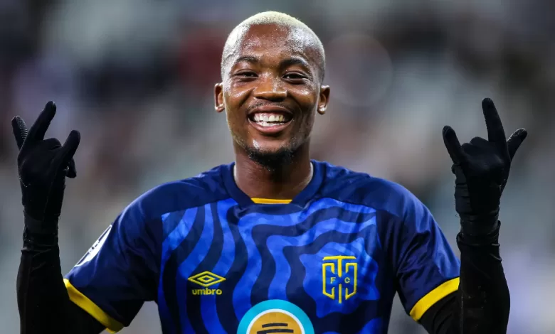 Khanyisa Mayo celebrating a goal for Cape Town City FC