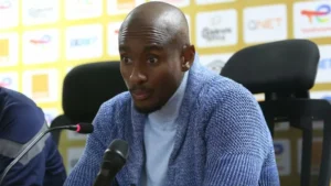 Mamelodi Sundowns head coach Rulani Mokwena addressing members of the media.