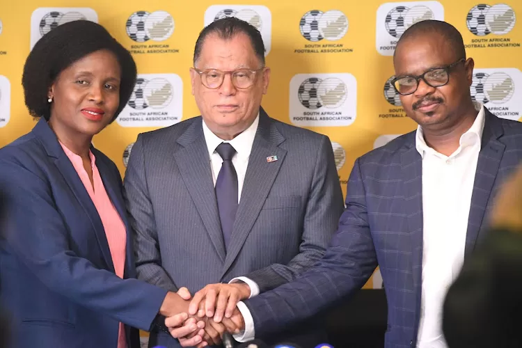 New Safa CEO Lydia Monyepao (left), SAFA president Danny Jordaan and former CEO Tebogo Motlanthe during a press conference at Safa House