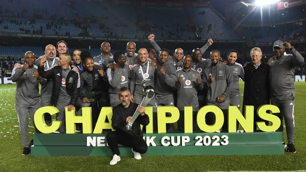 Orlando Pirates celebrating Nedbank Cup triumph.