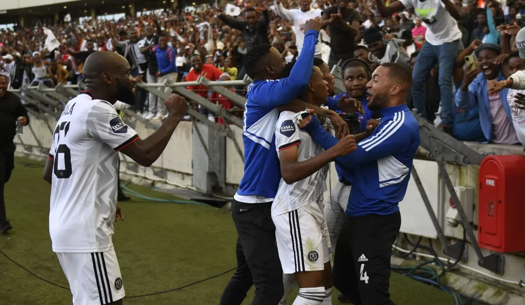 Orlando Pirates celebrating a goal against AmaZulu FC at Moses Mabhida Stadium in the last match of the DStv Premiership