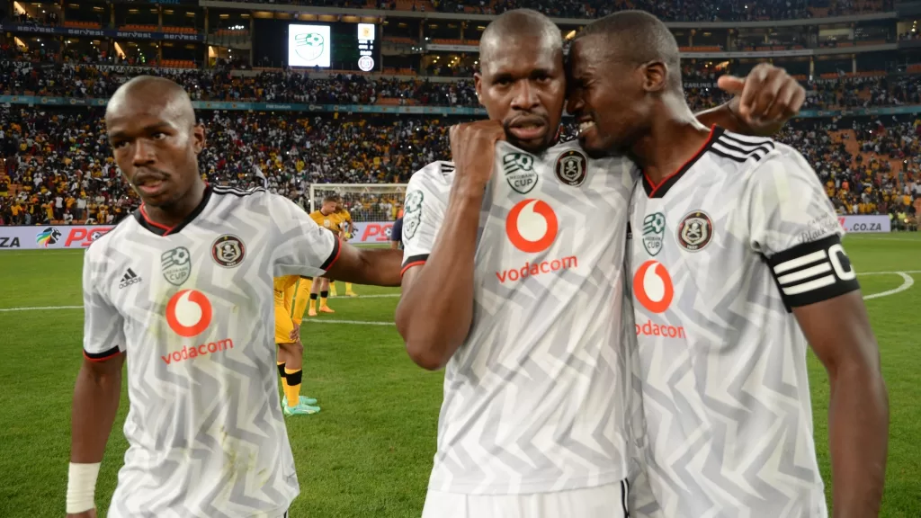Orlando Pirates defenders in celebratory mood after Nedbank Cup match against Kaizer Chiefs.