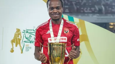 Percy Tau of Al Ahly celebrating after winning a trophy with the club
