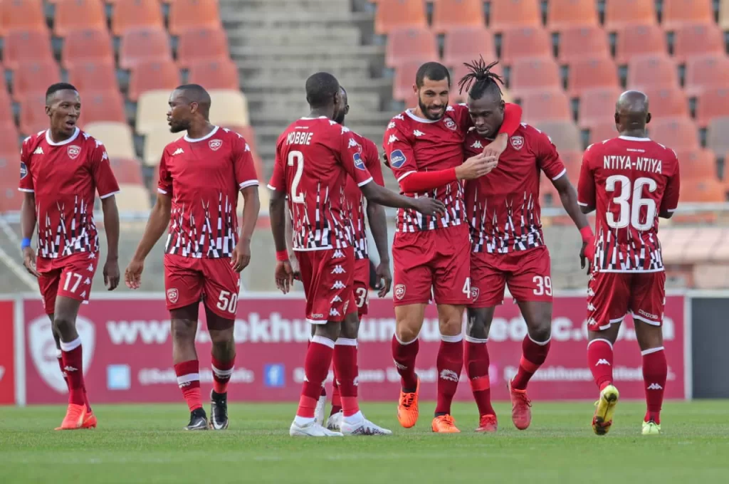 Sibusiso Vilakazi celebrates with Sekhukhune United players