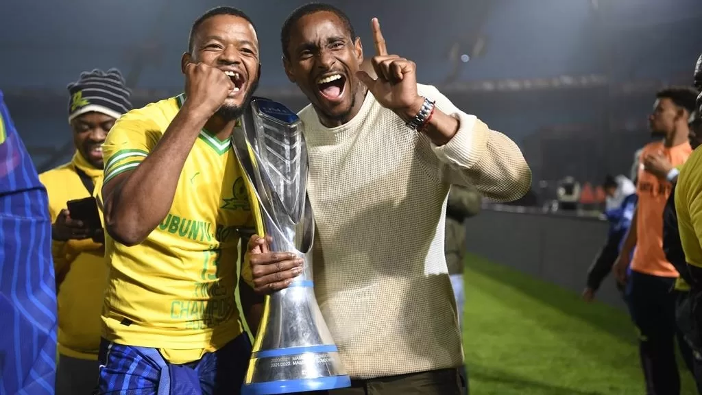 Sipho Mbule and Rulani Mokwena in celebratory mood after being crowned DStv Premiership champions.