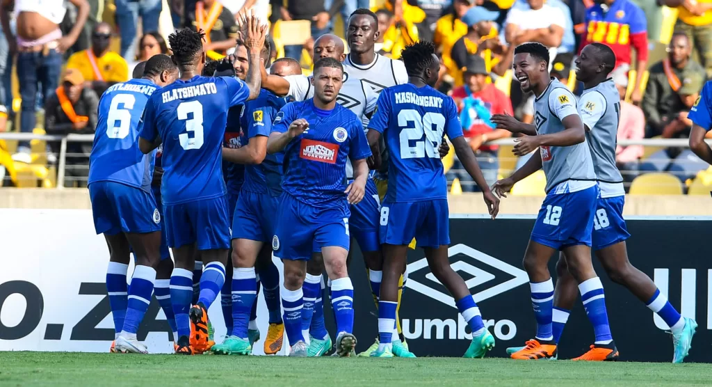 SuperSport United players celebrate a goal in the DStv Premiership