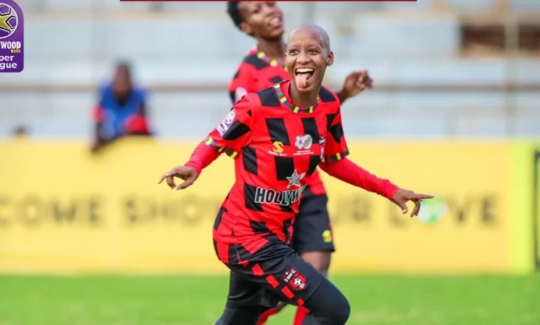 TS Galaxy Queens player, Busisiwe Ndimeni celebrating a goal