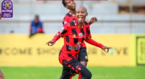 TS Galaxy Queens player, Busisiwe Ndimeni celebrating a goal