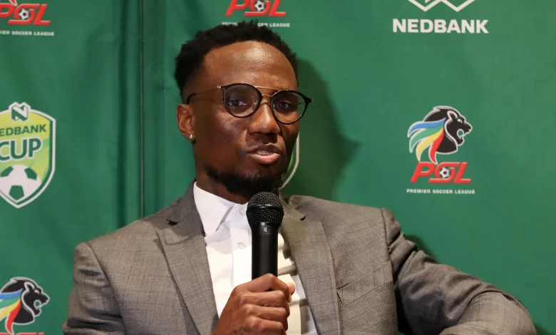 Teko Modise speaking at the Nedbank Cup final press conference in Sandton