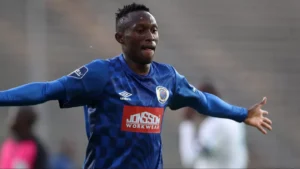 Thapelo Maseko celebrating a goal he scored for SuperSport United