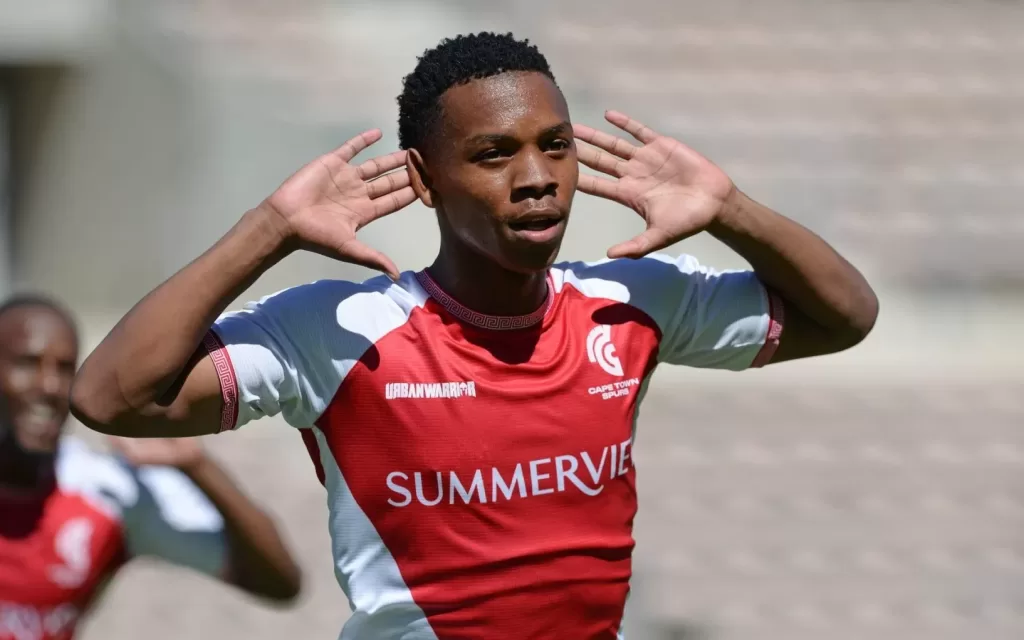 Boitumelo Radiopane celebrates a goal for recently promoted DStv Premiership side, Cape Town Spurs