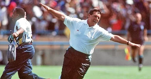 Clive Barker celebrating a goal in the 1996 AFCON