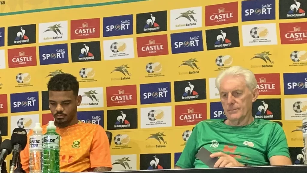 Hugo Broos and Lyle Foster attending a pre-match press conference