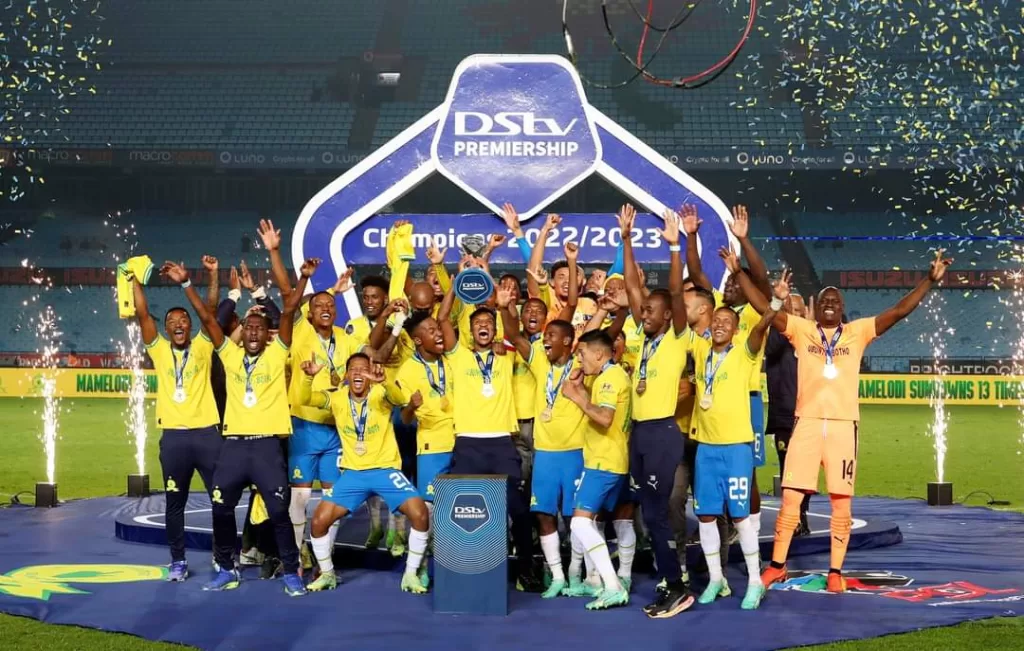 Mamelodi Sundowns celebrate after winning the DStv Premiership