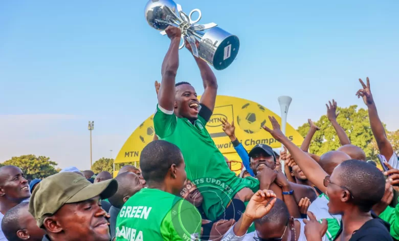 Mxolisi Mkhonto celebrating Green Mamba FC's Eswatini Premier league success