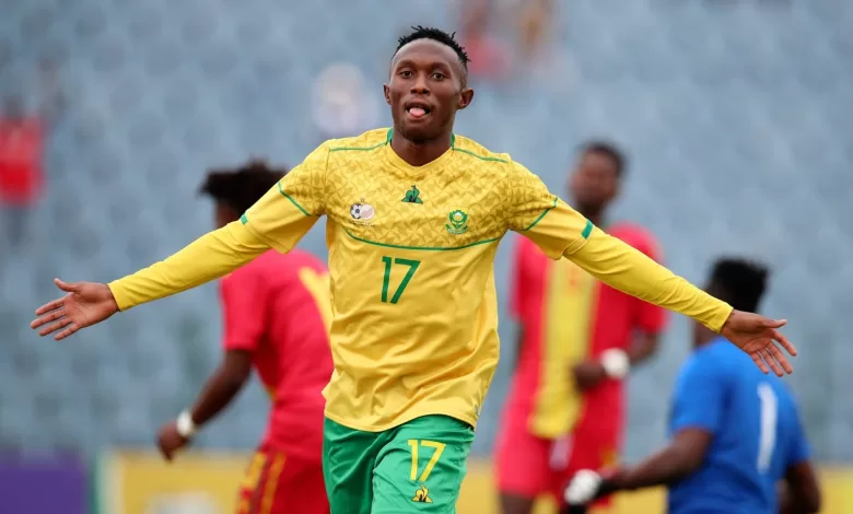 Thapelo Maseko celebrating after scoring for SA U23