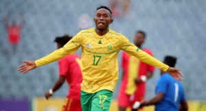 Thapelo Maseko celebrating after scoring for SA U23